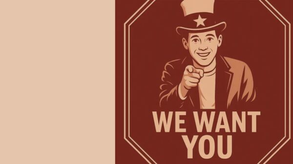 Tegning av mann som peker med teksten "We want you"