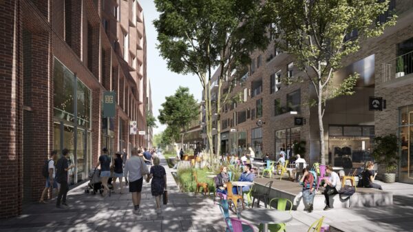 Rendering og vibrant shopping street with trees, cafes and people