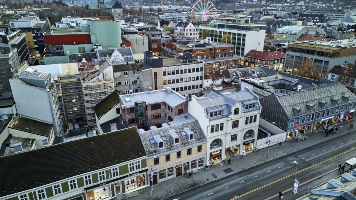 Fugleperspektiv av Midtbykvartalet i Trondheim