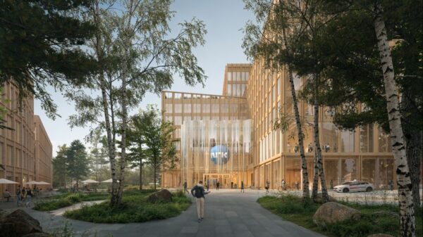 NRK har sendt inn planforslag til nytt hovedkontor på Ensjø til Plan- og bygningsetaten. Illustrasjonen viser hvordan det nye hovedkontoret kan bli seende ut. Ill.: RODEO / NORDIC / VISULENT AB