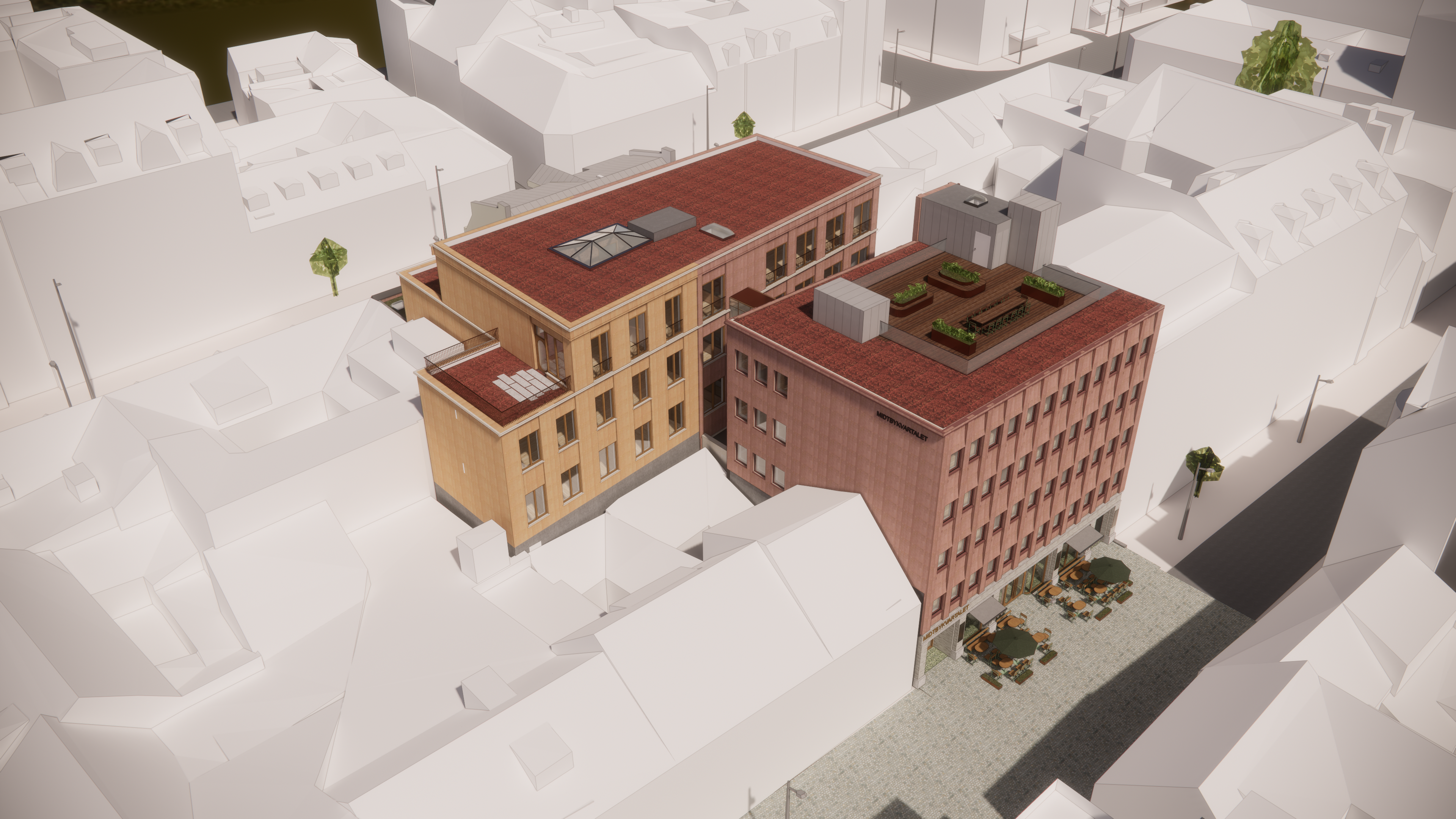 To planlagte bygg i kvartal. Rendering.